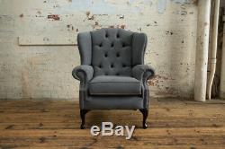 Handmade Modern Grey Wool Chesterfield Wing Armchair, High Back Fireside Chair