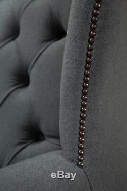 Handmade Modern Grey Wool Chesterfield Wing Armchair, High Back Fireside Chair
