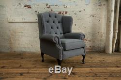 Handmade Modern Grey Wool Chesterfield Wing Armchair, High Back Fireside Chair