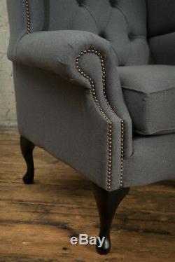 Handmade Modern Grey Wool Chesterfield Wing Armchair, High Back Fireside Chair