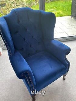 Handmade Modern Navy Blue Velvet Chesterfield Wing Armchair, Fireside Chair