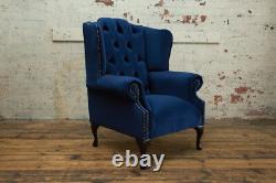 Handmade Modern Navy Blue Velvet Chesterfield Wing Armchair, Fireside Chair