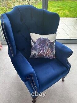 Handmade Modern Navy Blue Velvet Chesterfield Wing Armchair, Fireside Chair