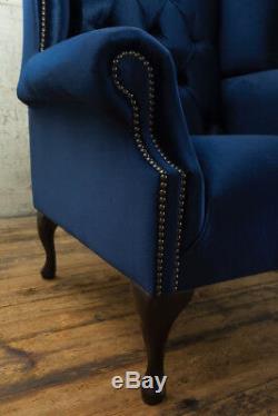 Handmade Modern Navy Blue Velvet Chesterfield Wing Armchair, Fireside Chair