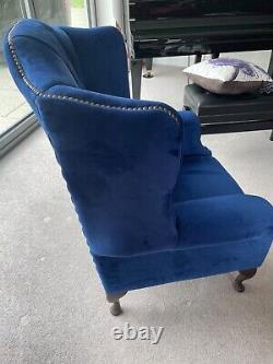 Handmade Modern Navy Blue Velvet Chesterfield Wing Armchair, Fireside Chair