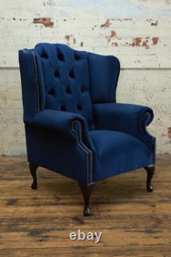 Handmade Modern Navy Blue Velvet Chesterfield Wing Armchair, Fireside Chair