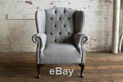 Handmade Warm Grey Herringbone Wool Chesterfield Wing Armchair, Fireside Chair