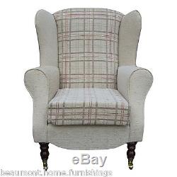 High Back Armchair Beige Red Fabric Wing Chair Queen Anne Fireside Living Room