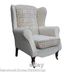 High Back Armchair Beige Red Fabric Wing Chair Queen Anne Fireside Living Room