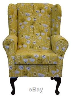 High Back Armchair Bergen Ochre Flora Fabric Wing Chair Seat Queen Anne Fireside