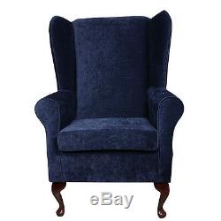 High Back Armchair Blue Fabric Wing Chair Seat Queen Anne Fireside Living Room