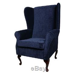 High Back Armchair Blue Fabric Wing Chair Seat Queen Anne Fireside Living Room