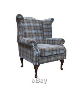 High Back Armchair Blue Tartan Fabric Wing Chair Queen Anne Fireside Living Room