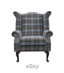 High Back Armchair Blue Tartan Fabric Wing Chair Queen Anne Fireside Living Room