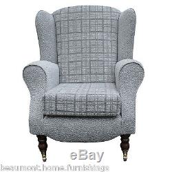 High Back Armchair Check Grey Fabric Wing Chair Queen Anne Fireside Living Room