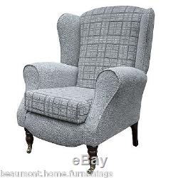 High Back Armchair Check Grey Fabric Wing Chair Queen Anne Fireside Living Room