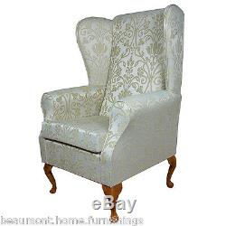 High Back Armchair Gold Fabric Wing Chair Seat Queen Anne Fireside Living Room
