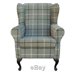High Back Armchair Green Fabric Wing Chair Queen Anne Fireside Living Room UK