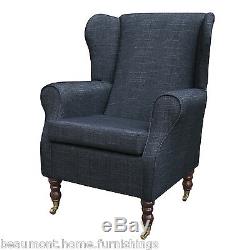 High Back Armchair Jet Fabric Wing Chair Seat Fireside Living Room + Castors UK