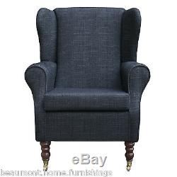High Back Armchair Jet Fabric Wing Chair Seat Fireside Living Room + Castors UK