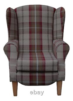 High Back Armchair Mulberry Tartan Fabric Wing Chair Queen Anne Fireside