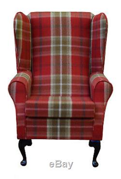 High Back Armchair Red Tartan Balmoral fabric Wing Chair Queen Anne Fireside UK