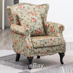 High Back Armchair Rose Floral Fabric Wing Chair Queen Anne Fireside Living Room