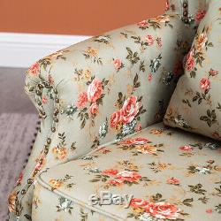 High Back Armchair Rose Floral Fabric Wing Chair Queen Anne Fireside Living Room