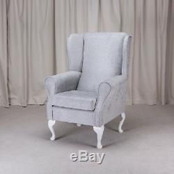 High Back Armchair Silver Fabric Wing Chair Queen Anne Fireside Living Room UK