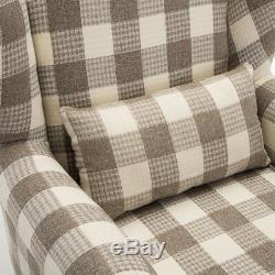 High Back Armchair Tartan Fabric Wing Chair Queen Anne Fireside Cushion Lounge