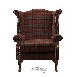 High Back Armchair Tartan Fabric Wing Chair Queen Anne Fireside Living Room