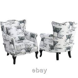 High Back Butterfly Fabric Armchair Fireside Sofa Padded Winged Chairs with Rivets