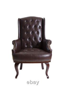 High Back Chair Winged Armchair Fireside Leather Queen Anne Antique Vintage S