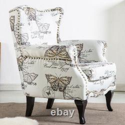 High Back Chair Winged Armchair Fireside Queen Anne Butterfly Fabric Retro Studs