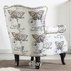 High Back Chair Winged Armchair Fireside Queen Anne Butterfly Fabric Retro Studs