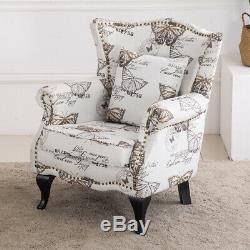 High Back Chair Winged Armchair Fireside Queen Anne Butterfly Fabric Retro Studs 
