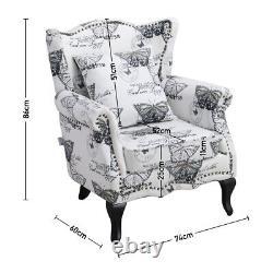 High Back Chair Winged Armchair Fireside Queen Anne Butterfly Fabric Retro Studs