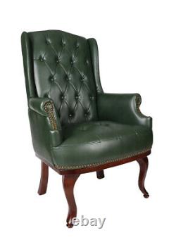 High Back Chesterfield Style PU Leather Armchair Fireside Wing Back Green