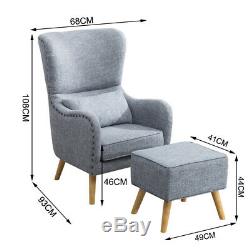 High Back Fabric Upholstered Armchair With Cushion Footstool Fireside Sofa Seat