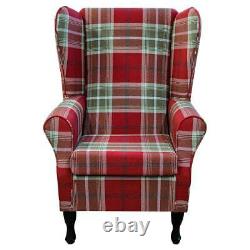 High Back Fireside Armchair Large Chair Handmade in Balmoral Red Tartan Fabric