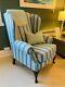 High Back Fireside Wing Chair Armchair In Blue Stripe Fabric