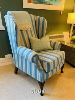 High Back Fireside Wing Chair Armchair in Blue Stripe Fabric
