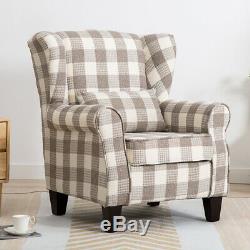 High Back Winged Chair Fireside Armchair Sofa Tartan Checked Fabric Upholstered