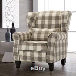 High Back Winged Chair Fireside Armchair Sofa Tartan Checked Fabric Upholstered