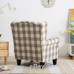 High Back Winged Chair Fireside Armchair Sofa Tartan Checked Fabric Upholstered