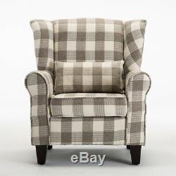 High Back Winged Chair Fireside Armchair Sofa Tartan Checked Fabric Upholstered