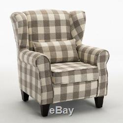 High Back Winged Chair Fireside Armchair Sofa Tartan Checked Fabric Upholstered