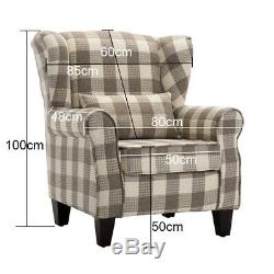 High Back Winged Chair Fireside Armchair Sofa Tartan Checked Fabric Upholstered