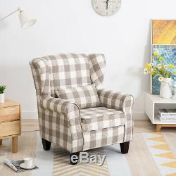 High Back Winged Chair Fireside Armchair Sofa Tartan Checked Fabric Upholstered