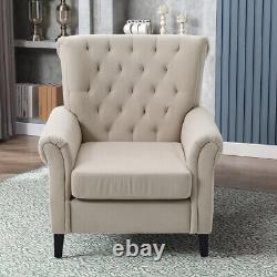 High Button Wing Back Beige Velvet Tub Chair Lounge Fireside Occasional Armchair